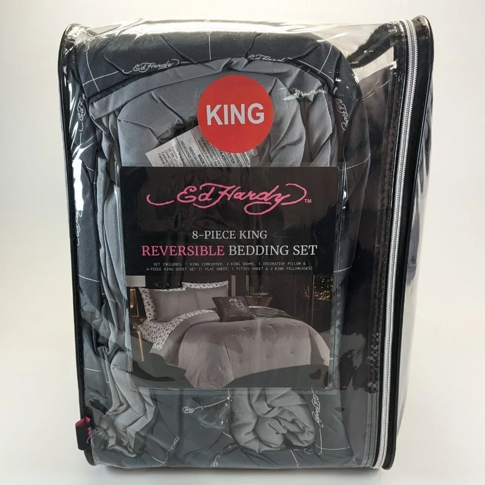 Ed Hardy King Cards Dice Skull Gray White Comforter Set Shams, Pillow, Sheets